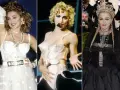 Ikony stylu lat 80. zagraniczne: Madonna w białej sukni, w stroju scenicznym i w czarnej kreacji z welonem.