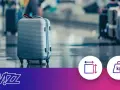 Szary wizzair bagaż podręczny na lotnisku. Ikony wskazują wymiary i wagę.