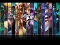 Komiksowa mozaika postaci z gry League of Legends, przedstawiająca bohaterów w pionowych pasach.
