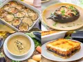 Variedad de recetas con berenjenas: pastel horneado, berenjena rellena, sopa cremosa y moussaka.