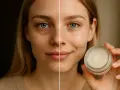 Vorher-Nachher-Vergleich: Eine Frau mit Augenringen links, rechts mit strahlender Haut. Vaseline gegen Augenringe für einen frischen Blick.
