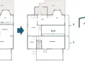 Planritning visar en ombyggnad för dimensionering stålbalk. En 6 m bred öppning skapas i vardagsrummet.