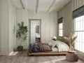 Camera da letto con letto in legno, la sua posizione rispetto alla porta aperta che rivela un bagno.
