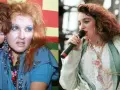 Ikony lat 80. w ekstrawaganckich stylizacjach na imprezę: Cyndi Lauper z kolorowym makijażem i Madonna z krzyżykami na szyi.
