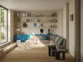 Un salón moderno con suelo de madera clara y paredes en tonos neutros. Un sofá beige se complementa con cojines azules. La pared del fondo presenta un detalle de azulejos azules vibrantes, creando un contraste llamativo y logrando un perfecto combinar ...