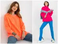 Dwie kobiety w stylizacjach z neonowymi kolorami: jedna w pomarańczowej bluzie i jeansach, druga w fuksjowym golfie i niebieskich spodniach.