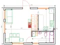 Projekt funkcjonalnego domu 35m2: salon z kanapą, kuchnia, łazienka z wanną i WC, szafy.