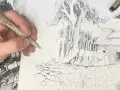 Main d'artiste esquissant une scène rurale avec un gros arbre et une grange. La texture du dessin facile est rendue par des traits fins.
