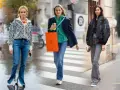 Cinque donne sfoggiano un outfit jeans a zampa e sneakers, con stili diversi e accessori alla moda.