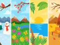 Cuatro escenas que ilustran las estaciones del año en francés: invierno nevado, primavera florida, verano playero y otoño con hojas cayendo.