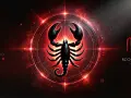 Czarny skorpion na tle kosmicznej, czerwonej poświaty. Symbolizuje moc i tajemnicę, jak ascendent skorpion.