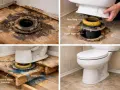 Illustrates toilet wax ring replacement, showing a damaged flange, a new wax ring, and potential subfloor water damage.