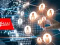 Logo 4MAN su sfondo di rete globale con icone di persone, che simboleggia il fare networking.