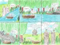 Rysunek komiksowy przedstawia porzucenie niemowląt w koszykach na rzece, które ratuje wilczyca.