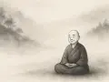 A smiling hermit monk sits in meditation amidst a misty, mountainous landscape.