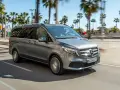 Szary Mercedes minivan jedzie ulicą w słoneczny dzień, otoczony palmami.