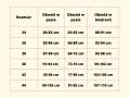 Tabela rozmiarów od 34 do 44. Rozmiar 40 odpowiada obwodowi w pasie 91-94 cm i biodrach 99-102 cm.