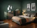 Camera da letto con pareti verde scuro, letto accogliente, due comodini con lampade, cassettiere e quadri di Parigi e Londra.