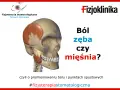 Model czaszki z zaznaczonym mięśniem żwaczem, obok tekst: "Ból zęba czy mięśnia?".