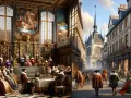Scène de cour fastueuse et rue animée, évoquant l'esprit de la renaissance. Nobles en costumes d'époque, architecture grandiose.