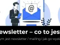Ilustracja wyjaśnia, newsletter co to jest. Mężczyzna z tabletem patrzy na ikonę koperty z symbolem @.