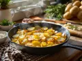 Heiß dampfende Bratkartoffeln in der Pfanne, ein Klassiker für jedes Bratkartoffeln Rezept. Dazu frische Kräuter und Speck.