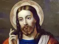 Porträt Jesu Christi mit Heiligenschein, der die Frage "wer ist Gott" in sich trägt.