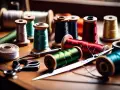 Bobines de fil colorées, ciseaux et une règle pour couture, prêts pour un projet créatif.