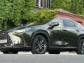Ciemnozielony Lexus NX 450h+ plug-in zaparkowany przed budynkiem porośniętym bluszczem.
