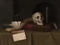 Czaszka na książkach, świeca i listek z cytatem z Szekspira. Memento mori utwory przypominają o przemijaniu.