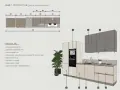 Progetto cucina 4x3: composizione lineare con colonne forno, basi con lavello e piano cottura, pensili grigi.