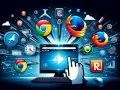 Ikony przeglądarek internetowych (Chrome, Firefox) i komputer z kursorem myszy na tle sieci.