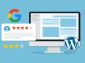 Un ordinateur affiche un site web WordPress. À côté, le logo Google et une bulle d'avis avec des étoiles, symbolisant un plugin WordPress avis Google.