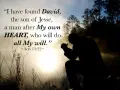 Silhouette of a man praying in a misty forest at sunrise, with text quoting Acts 13:22 about David, a man after God's own HEART.