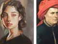 Portrait d'une jeune femme et d'un homme au turban rouge, deux peintures à l'huile ou acrylique juxtaposées.