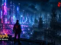 Mroczne, neonowe miasto w stylu cyberpunk 2. Postać patrzy na rozświetlone wieżowce.