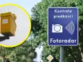 Żółty fotoradar na słupie, obok niebieskiej skrzynki z napisem "Obiekt monitorowany". Znak "Kontrola prędkości Fotoradar" ostrzega kierowców.