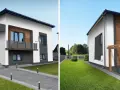 Nowoczesny projekt elewacji starego domu z drewnianymi akcentami i betonowymi elementami.