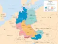 Niemcy i Austria podzielone na strefy: brytyjską, amerykańską, francuską i sowiecką. Różnice w podziale po II wojnie światowej.