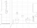 Salle de bain moderne avec douche, lavabo, miroir, toilettes et bidet. Le calepinage du carrelage est visible sur les murs et le sol.