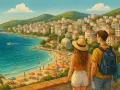 Para młoda podziwia widok na albańskie wybrzeże z miastem i plażą. Czy warto jechać do Albanii? Widok sugeruje, że tak!