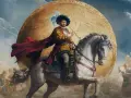 Un conquistador a caballo, con un astrolabio, frente a un globo terráqueo que muestra Europa. A su alrededor, figuras históricas y multitudes celebran la era de Europa Universalis V.