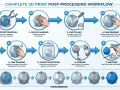 Workflow for 3D printing post processing: support removal, rough and fine sanding, gap filling, vapor smoothing, priming, and painting for a perfect finish.
