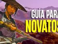 Guía para novatos de Ghost of Yotei. Un samurái con sombrero de paja y armadura morada sostiene una katana dorada en un paisaje montañoso.