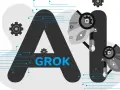 Grafika przedstawia litery "AI" z robotycznymi twarzami i zębatkami. W środku litery "A" widnieje napis "GROK", sugerujący, że to właśnie grok co to jest, czyli sztuczna inteligencja.