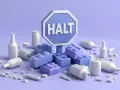 Symbol "HALT" otoczony klockami i przedmiotami kojarzonymi z nałogami, jak butelki, puszki, tabletki i strzykawka. Program halt przykłady.