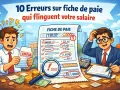 Deux hommes paniqués devant une fiche de paie pleine d'erreurs. Une illustration qui rappelle l'importance de vérifier son salaire, surtout en ce 1er mai, jour de travail pour certains.