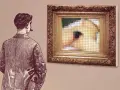 Un homme regarde un tableau encadré, une scène floue et pixélisée évoquant le sommeil de Courbet.