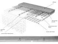 Schemat stropu filigran: prefabrykowana płyta, zbrojenie, nadbeton i połączenia między płytami.