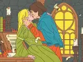 Un baiser passionné entre Héloïse et Abélard, dans une bibliothèque embrasée par la passion et le savoir.